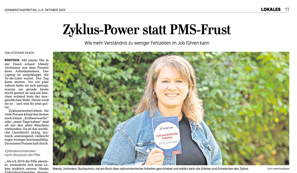Ostsee-Zeitung-Interview Gastbeitrag bei Femtastics: Effizient und im Einklang mit dem Körper: So gelingt zyklusorientiertes Arbeiten